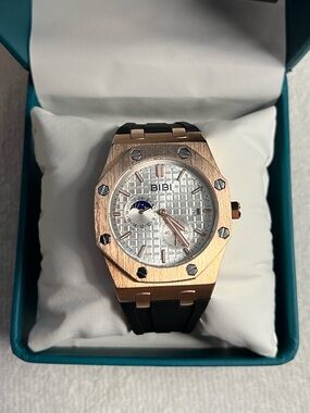 BiBi Rose Gold Tone Watch with White Dial and Black Strap 41.5mm